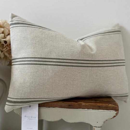 Oblong cushion in Slate Vintage Stripe cotton by Susie Watson Designs