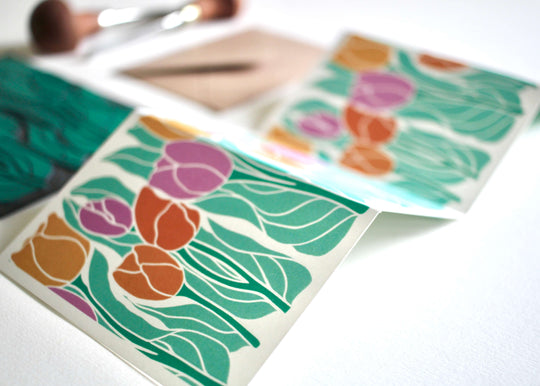 Spring Tulips Linocut Garland Card | Single Card & Envelope