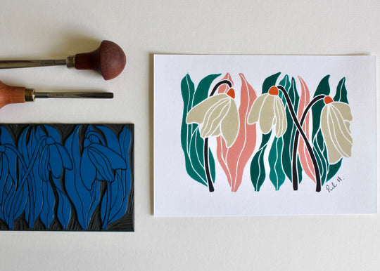 Snowdrops Linocut Art Print | A5 or A4 Print on Cotton Paper