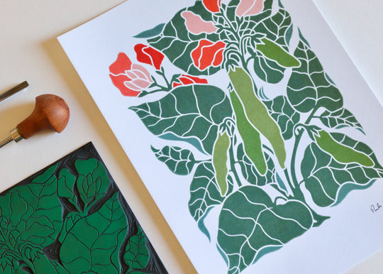 Heritage Kitchen Garden - Runner Beans Linocut | A5 or A4 Art Print on Cotton Paper
