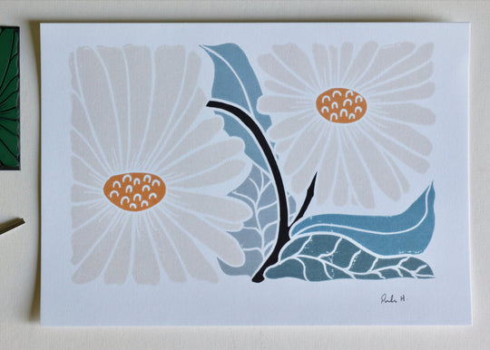 Garden Daisies Linocut Art | A5 or A4 Art Print on Cotton Paper