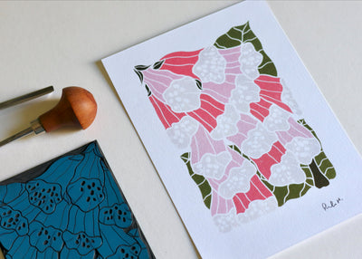 British Woodland Foxglove Linocut Art | A5 or A4 Art Print on Cotton Paper
