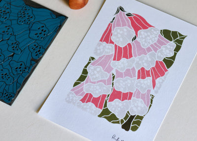 British Woodland Foxglove Linocut Art | A5 or A4 Art Print on Cotton Paper