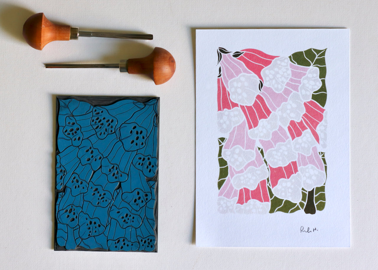 British Woodland Foxglove Linocut Art | A5 or A4 Art Print on Cotton Paper
