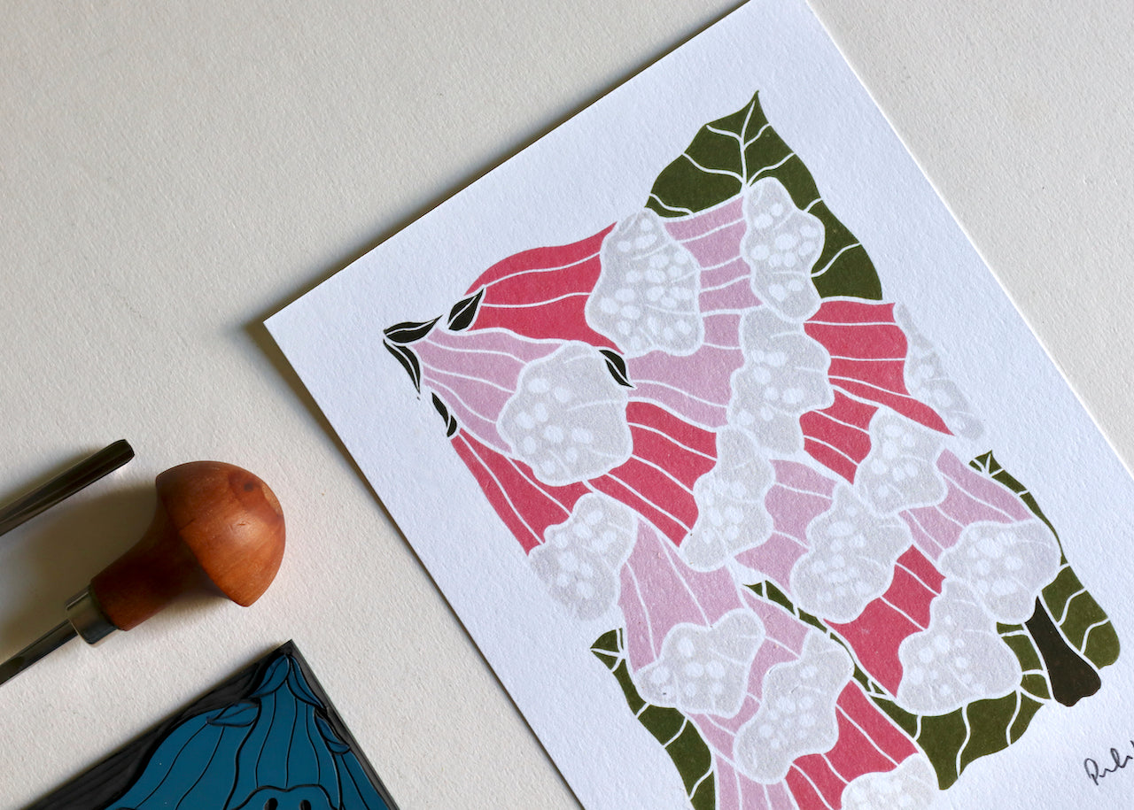 British Woodland Foxglove Linocut Art | A5 or A4 Art Print on Cotton Paper