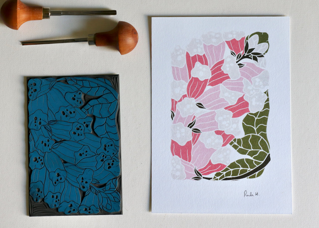 British Woodland Foxglove Linocut Art | A5 or A4 Art Print on Cotton Paper