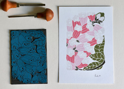 British Woodland Foxglove Linocut Art | A5 or A4 Art Print on Cotton Paper