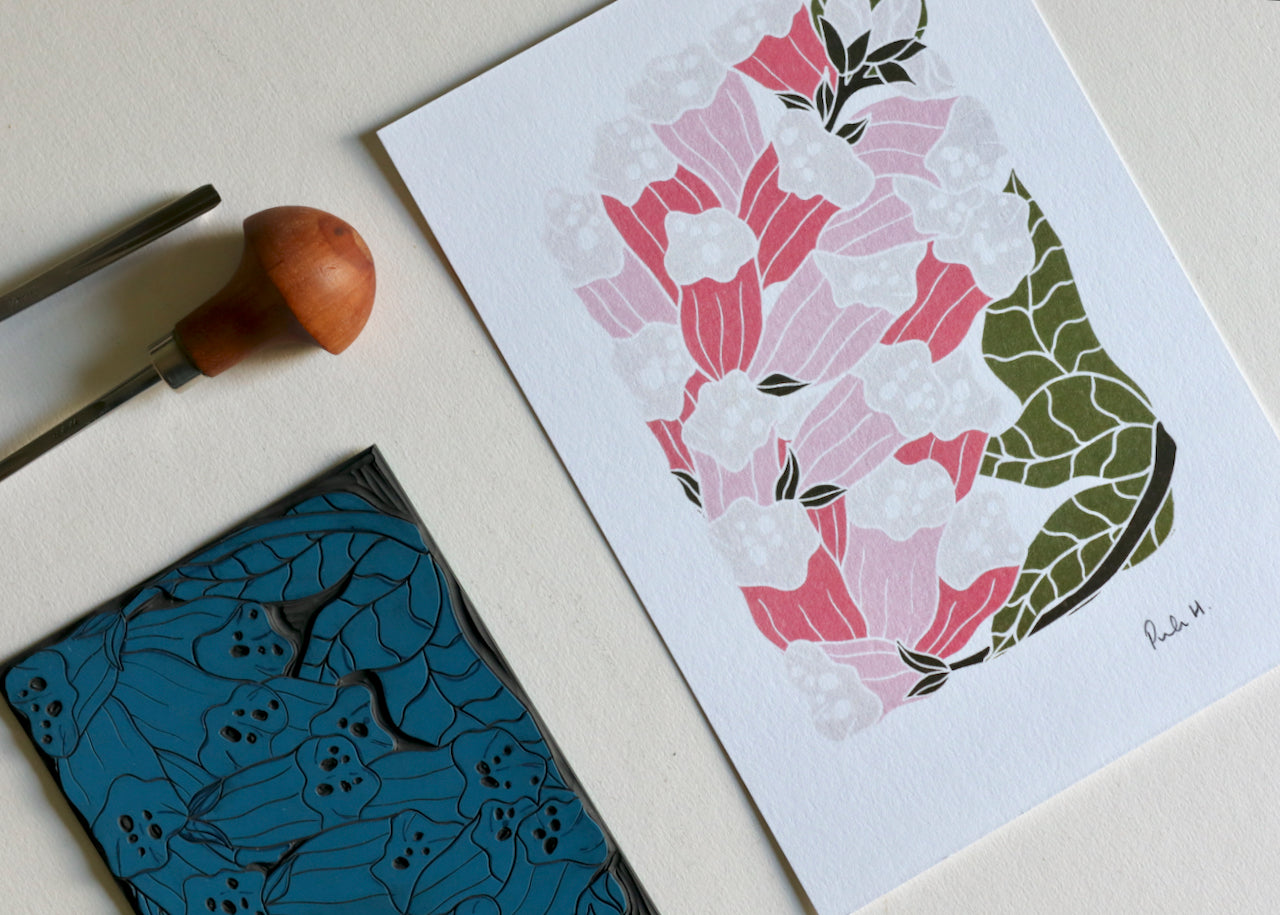 British Woodland Foxglove Linocut Art | A5 or A4 Art Print on Cotton Paper