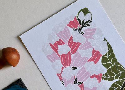 British Woodland Foxglove Linocut Art | A5 or A4 Art Print on Cotton Paper
