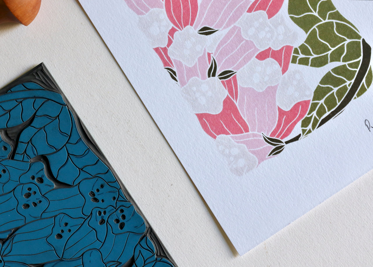 British Woodland Foxglove Linocut Art | A5 or A4 Art Print on Cotton Paper