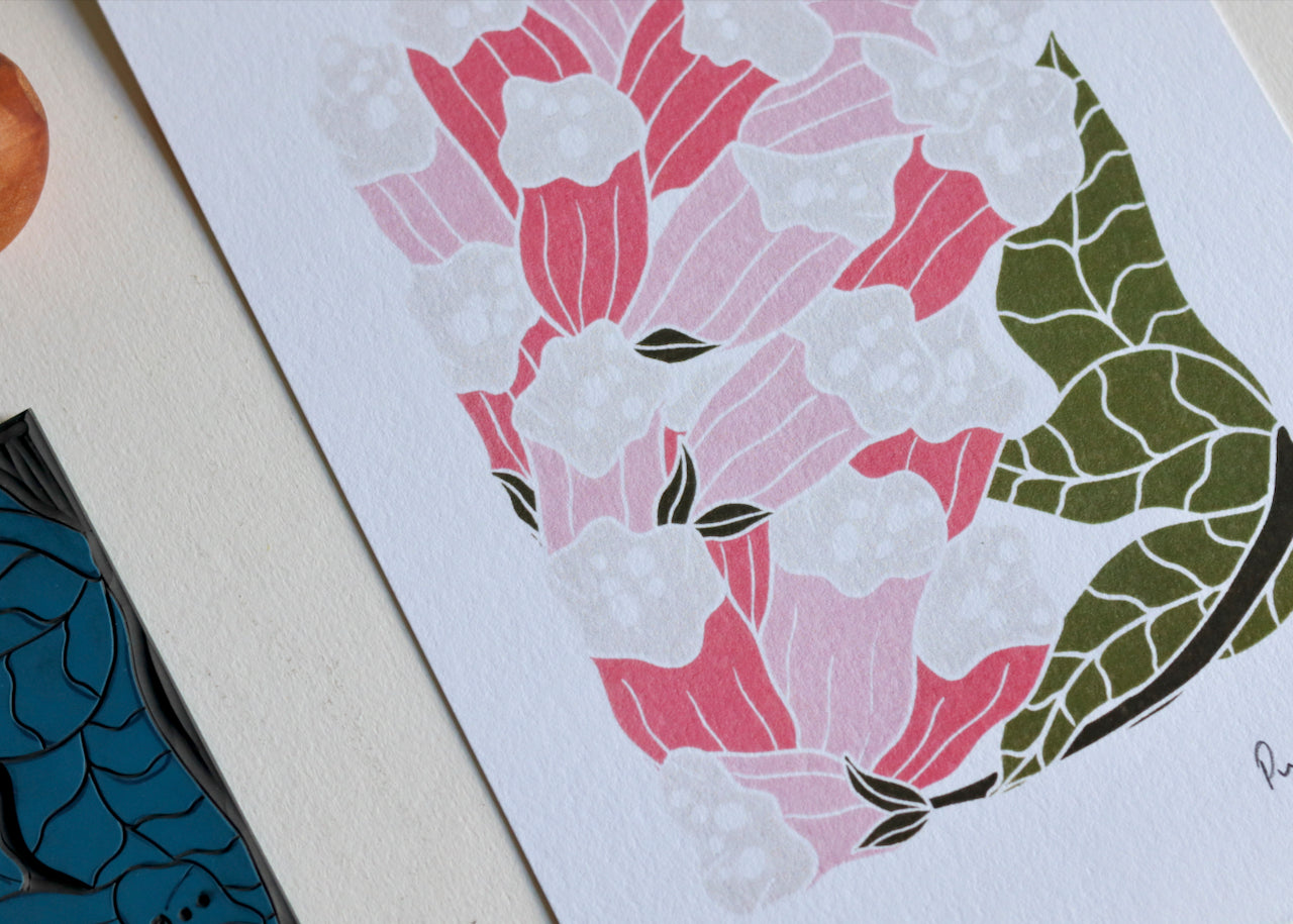 British Woodland Foxglove Linocut Art | A5 or A4 Art Print on Cotton Paper