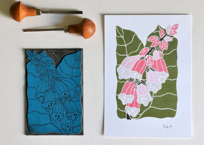 British Woodland Foxglove Linocut Art | A5 or A4 Art Print on Cotton Paper