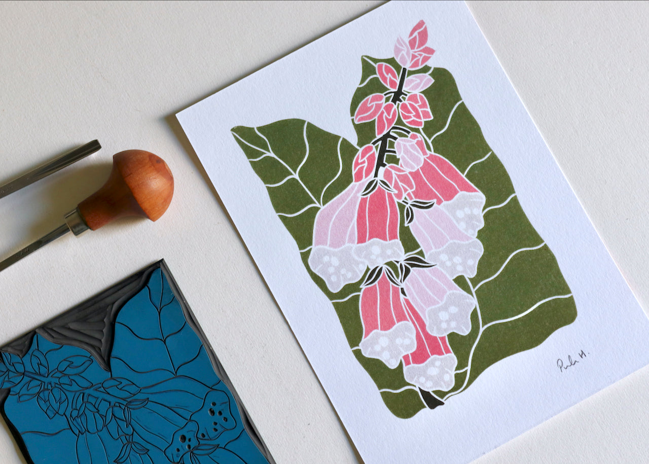 British Woodland Foxglove Linocut Art | A5 or A4 Art Print on Cotton Paper