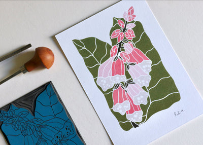 British Woodland Foxglove Linocut Art | A5 or A4 Art Print on Cotton Paper