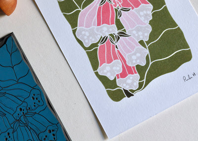 British Woodland Foxglove Linocut Art | A5 or A4 Art Print on Cotton Paper
