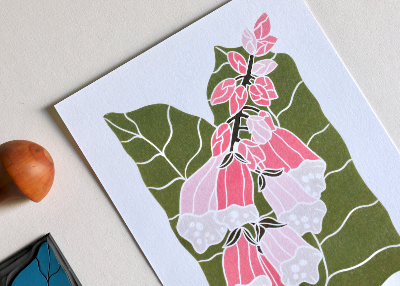 British Woodland Foxglove Linocut Art | A5 or A4 Art Print on Cotton Paper