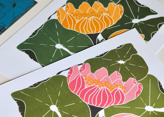 Summer Water Lilies Linocut Art Style 2 | A5 or A4 Art Print on Cotton Paper