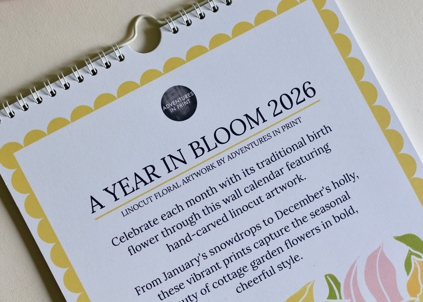 A Year in Bloom Hanging Wall Calendar 2026 Featuring Floral Linocut Artwork