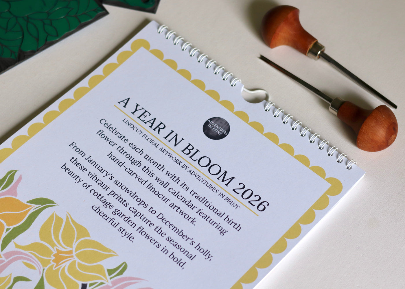 A Year in Bloom Hanging Wall Calendar 2026 Featuring Floral Linocut Artwork