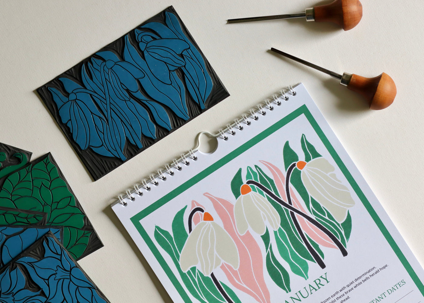 A Year in Bloom Hanging Wall Calendar 2026 Featuring Floral Linocut Artwork