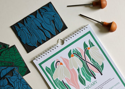 A Year in Bloom Hanging Wall Calendar 2026 Featuring Floral Linocut Artwork
