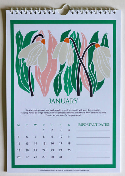 A Year in Bloom Hanging Wall Calendar 2026 Featuring Floral Linocut Artwork