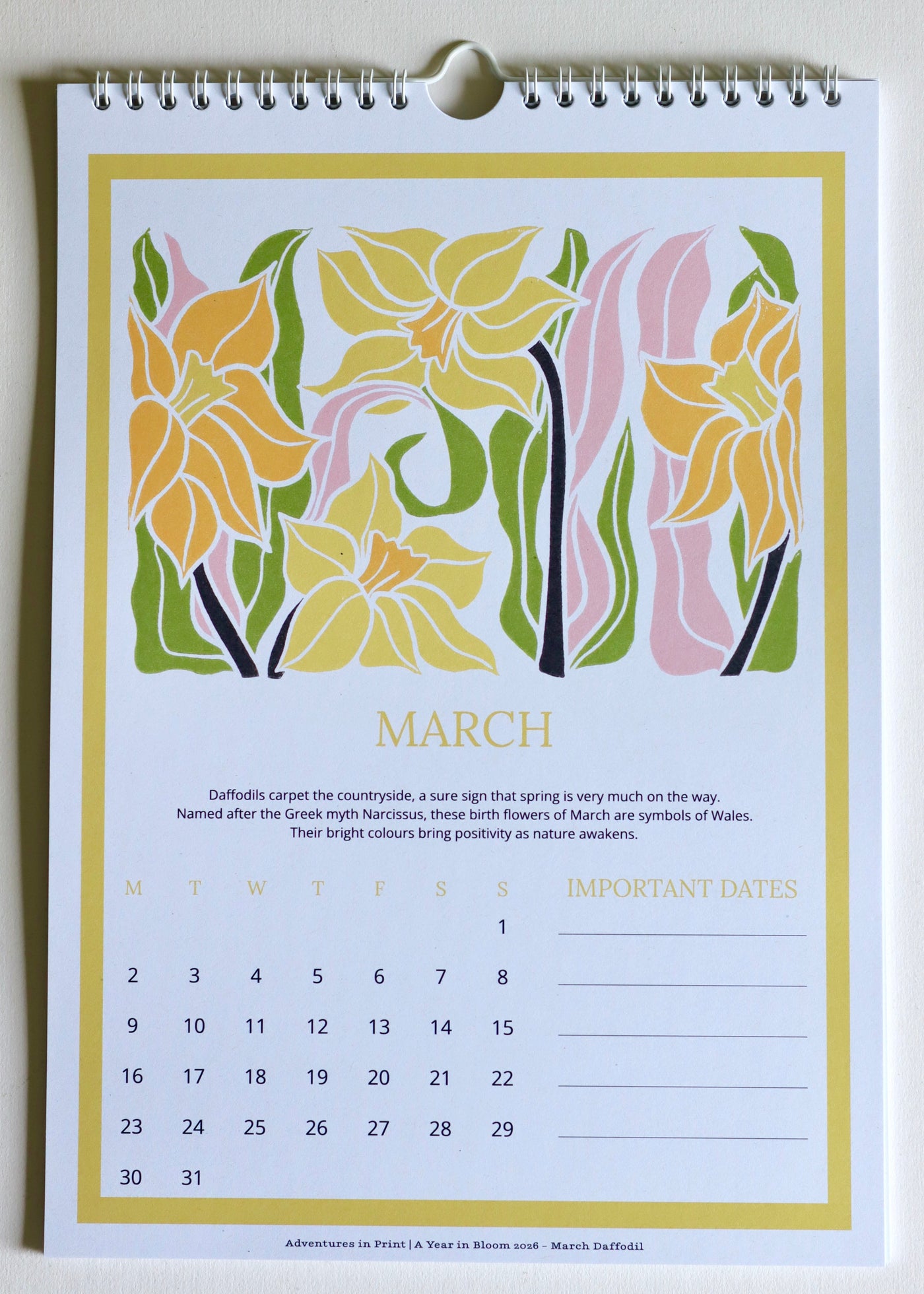 A Year in Bloom Hanging Wall Calendar 2026 Featuring Floral Linocut Artwork