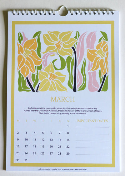 A Year in Bloom Hanging Wall Calendar 2026 Featuring Floral Linocut Artwork