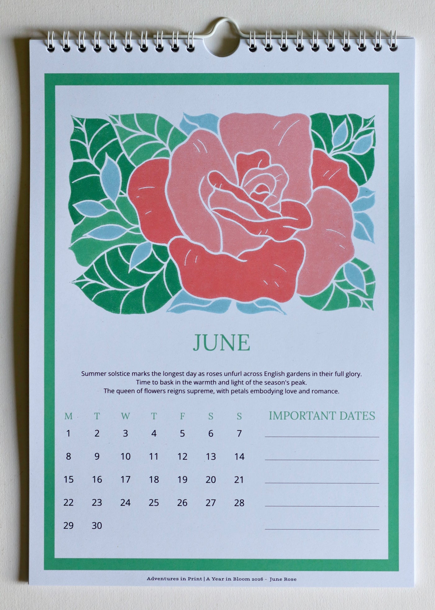 A Year in Bloom Hanging Wall Calendar 2026 Featuring Floral Linocut Artwork