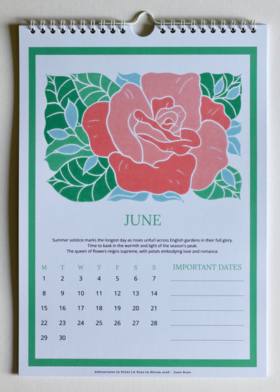 A Year in Bloom Hanging Wall Calendar 2026 Featuring Floral Linocut Artwork