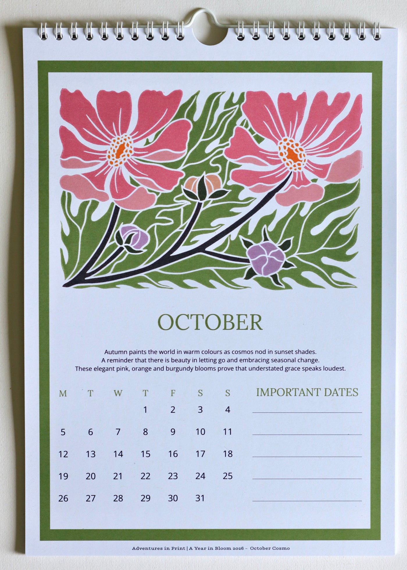 A Year in Bloom Hanging Wall Calendar 2026 Featuring Floral Linocut Artwork