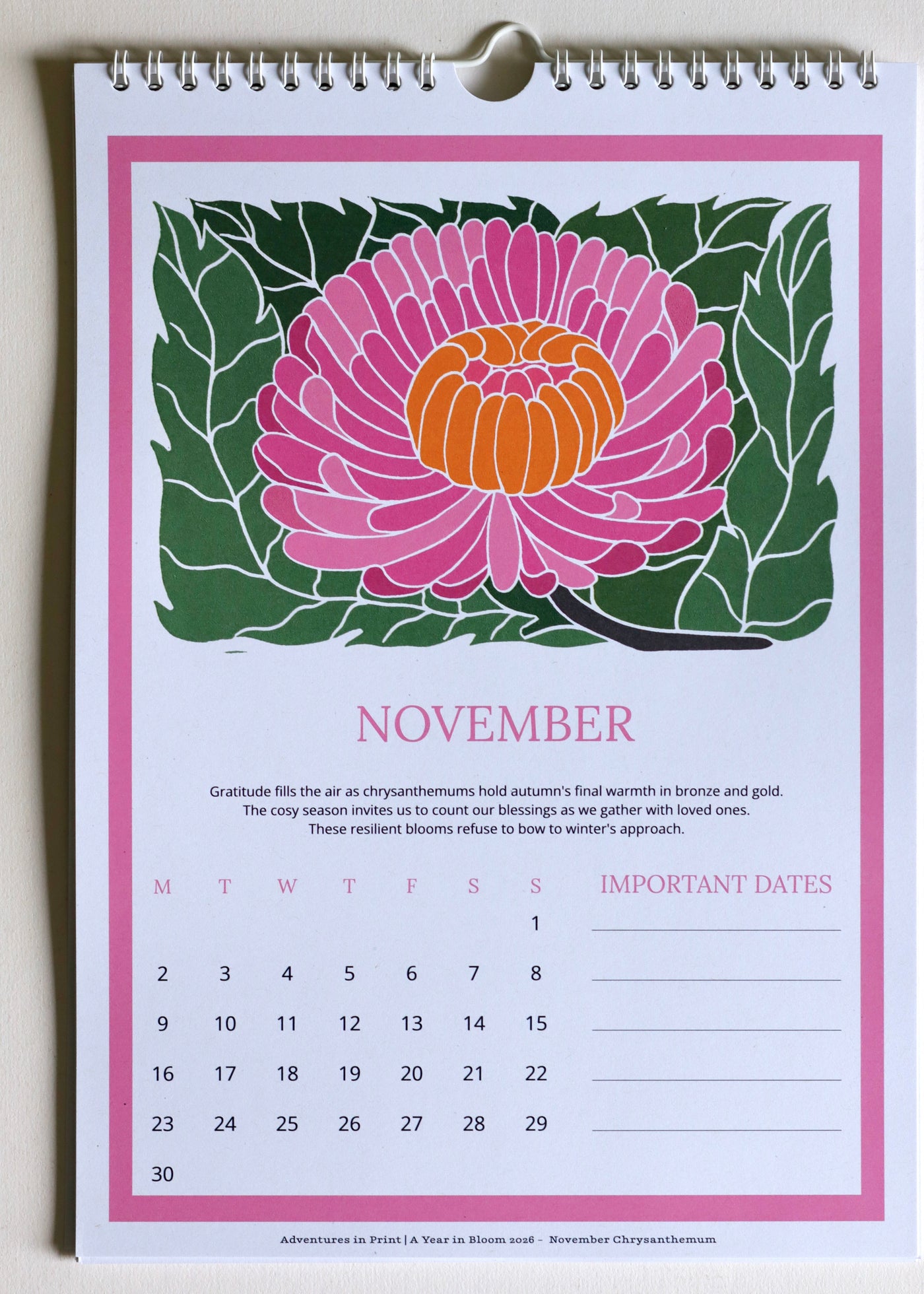 A Year in Bloom Hanging Wall Calendar 2026 Featuring Floral Linocut Artwork