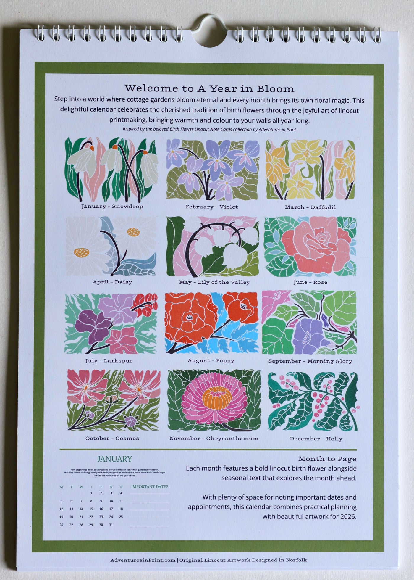 A Year in Bloom Hanging Wall Calendar 2026 Featuring Floral Linocut Artwork