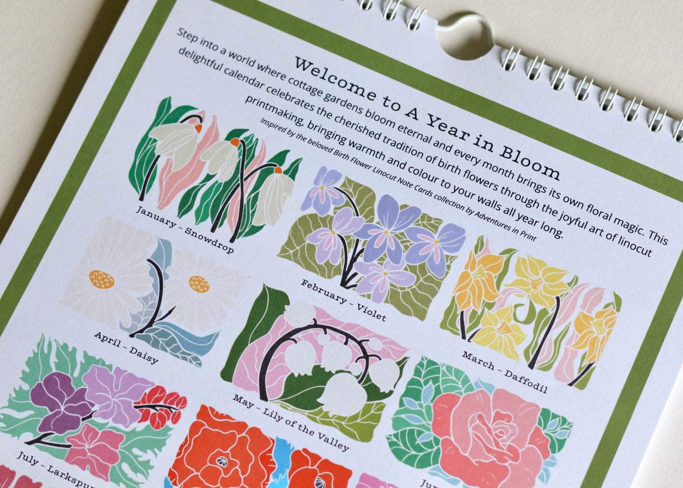 A Year in Bloom Hanging Wall Calendar 2026 Featuring Floral Linocut Artwork