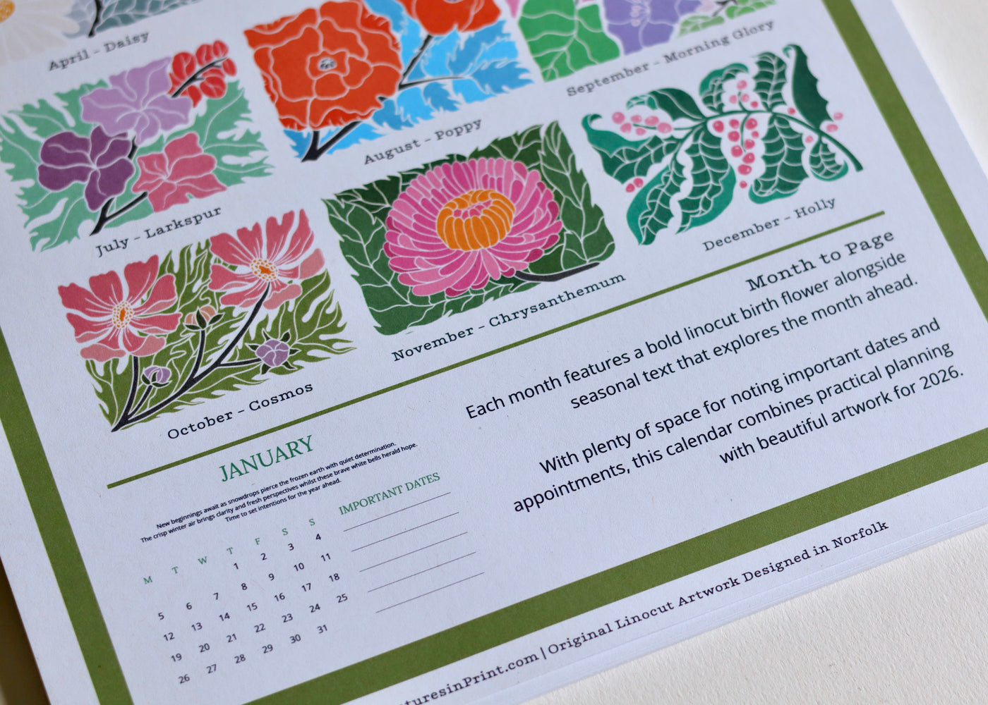 A Year in Bloom Hanging Wall Calendar 2026 Featuring Floral Linocut Artwork