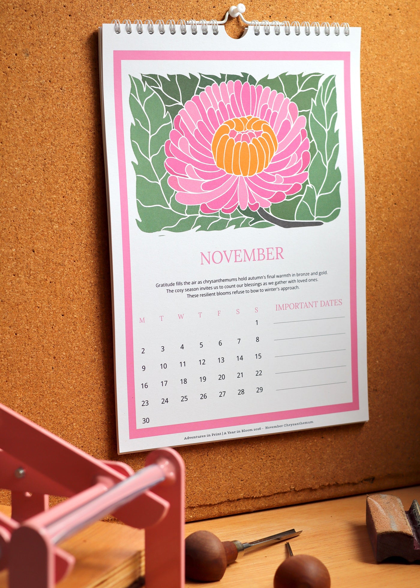 A Year in Bloom Hanging Wall Calendar 2026 Featuring Floral Linocut Artwork