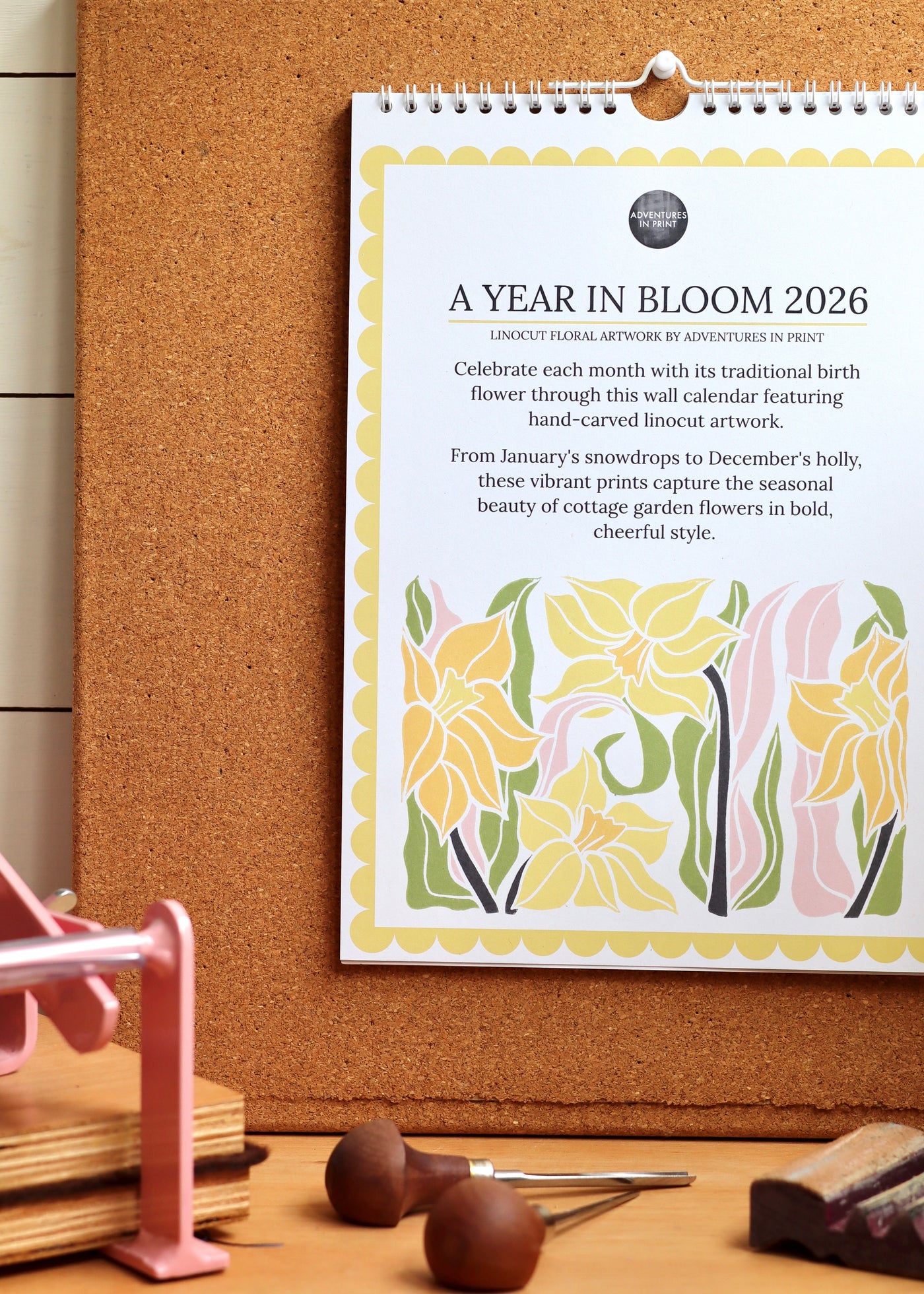 A Year in Bloom Hanging Wall Calendar 2026 Featuring Floral Linocut Artwork