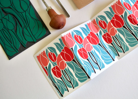 Tulips Linocut Concertina Card | Single Card & Envelope