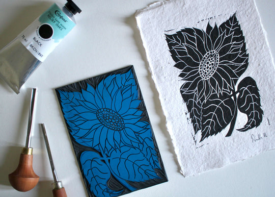 Sunflower Flower Linocut | Handprinted A5 Art Print on Cotton Rag Paper