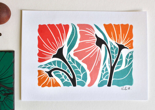 Happy Floral Linocut Art Print - A5 or A4 Art Print on Cotton Paper
