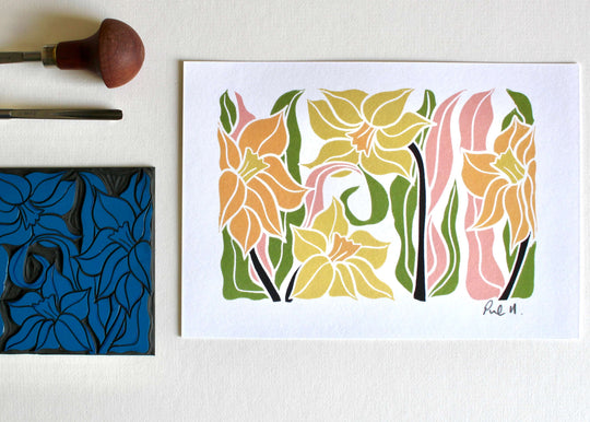 Daffodils Linocut Art Print | A5 or A4 on Cotton Paper