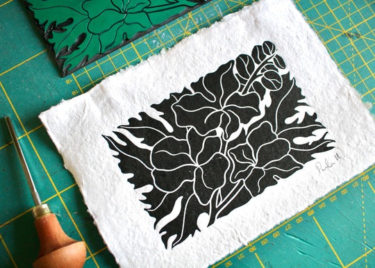 Larkspur Flower Linocut | Handprinted A5 Art Print on Cotton Rag Paper