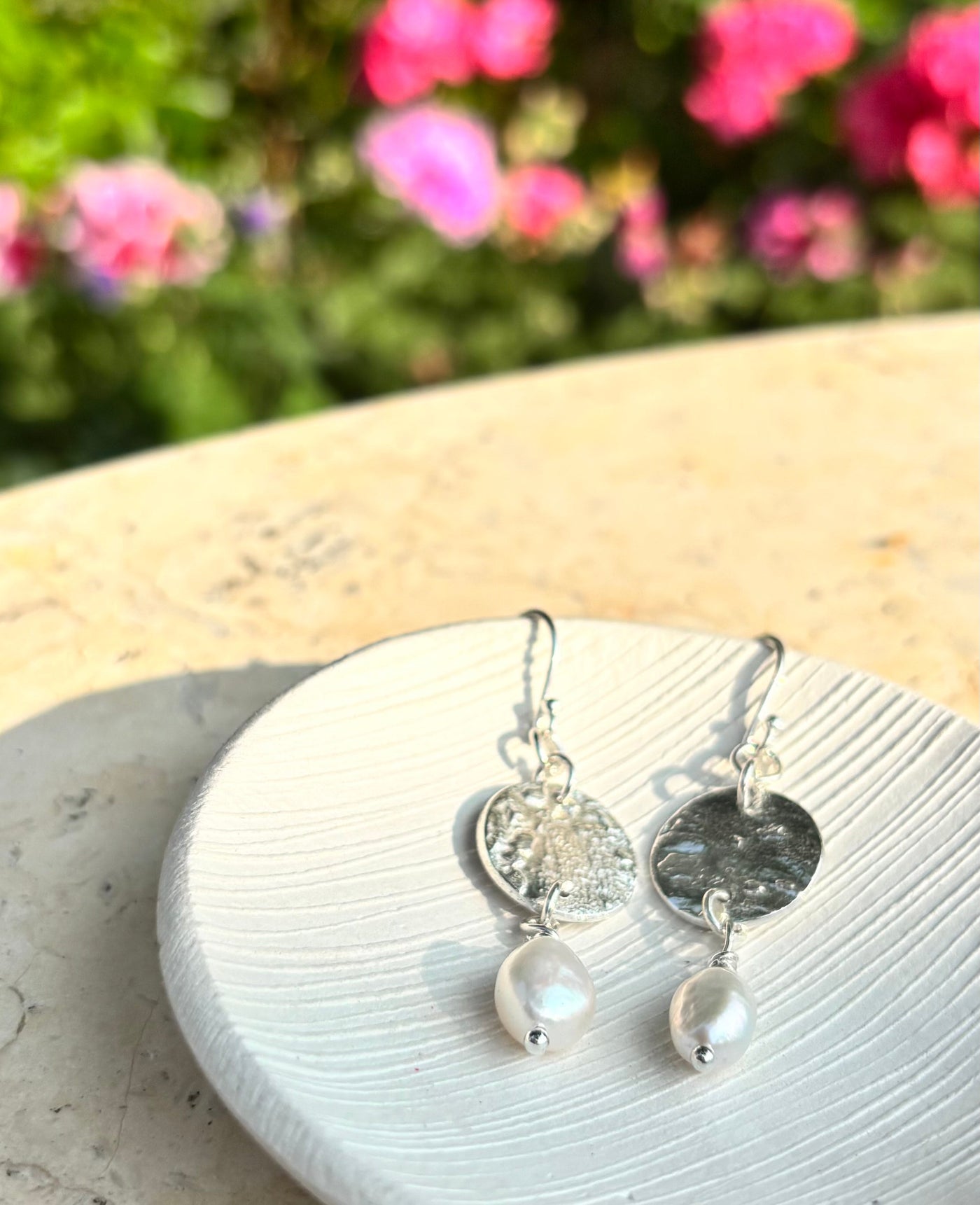 Keshi Pearl Earrings with silver disc