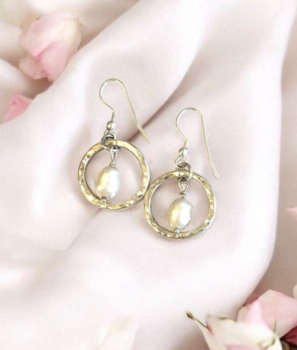 Keshi Pearl Earrings within Organic Silver Circles