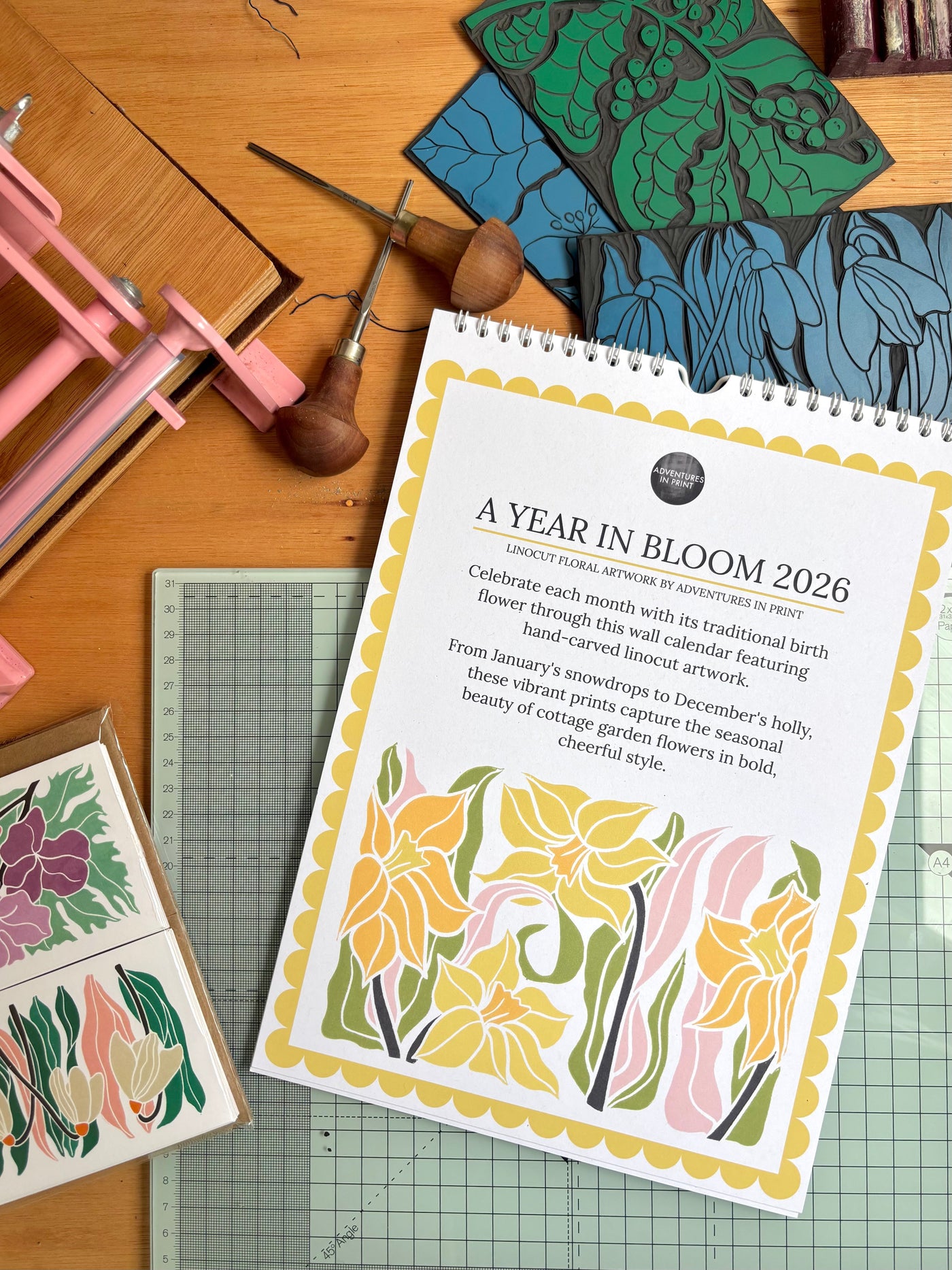 A Year in Bloom Hanging Wall Calendar 2026 Featuring Floral Linocut Artwork