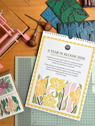 A Year in Bloom Hanging Wall Calendar 2026 Featuring Floral Linocut Artwork