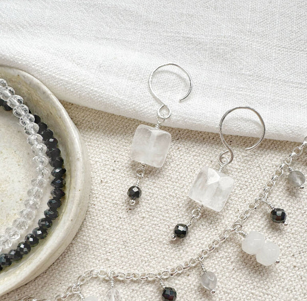 Winter Token Earrings with Rock Crystal and Black Agate