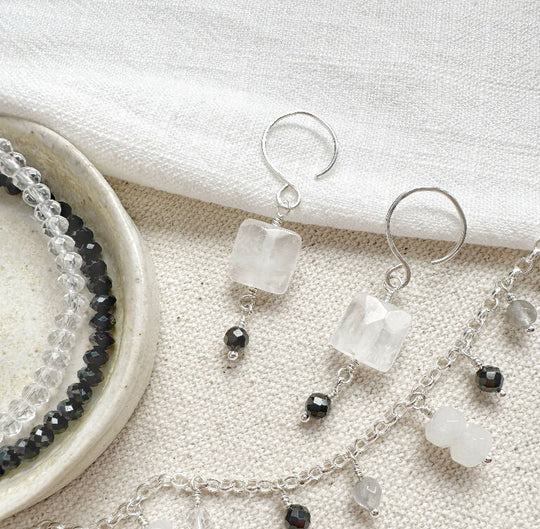 Winter Token Earrings with Rock Crystal and Black Agate