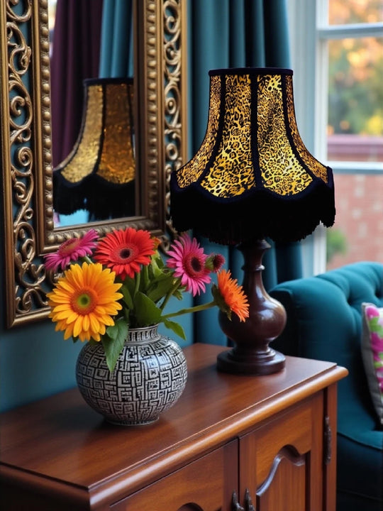 Leopard animal print lampshades with black braid and fringe - Available in 8 sizes