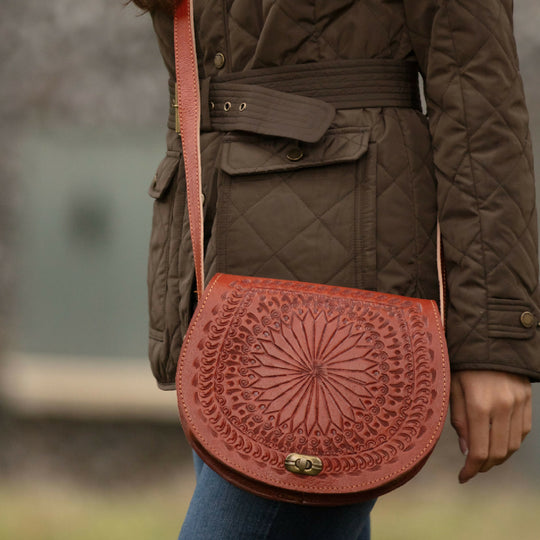 The Temara Embossed Saddle Bag in Light Brown